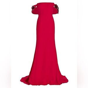 OSCAR DE LA RENTA Bead-embellished Off-the-shoulder Gown In Berry Red Maxi Dress